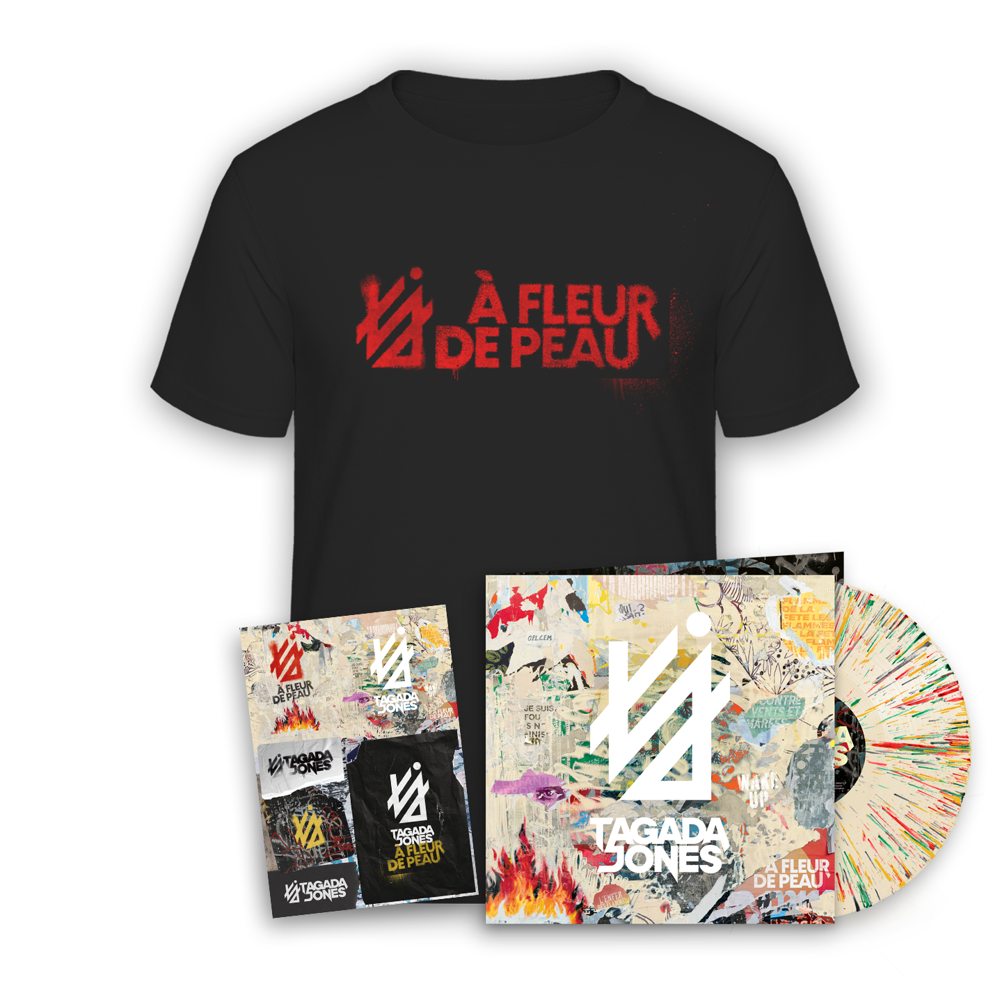 Vinyle gatefold splatter numéroté + T-shirt exclusif “À fleur de peau“ + Planche de stickers exclusive