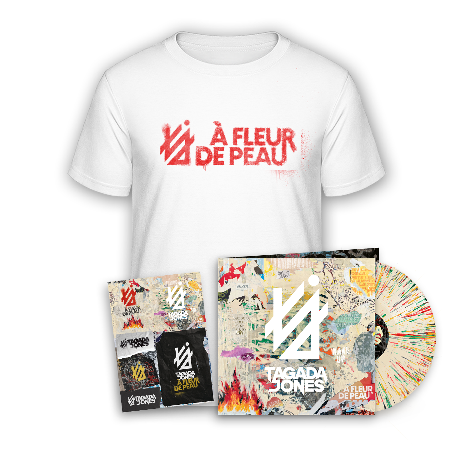 Vinyle gatefold splatter numéroté + T-shirt exclusif “À fleur de peau“ + Planche de stickers exclusive